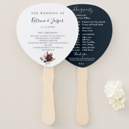 Burgundy Blush Navy Floral Wedding Program Hand Fan