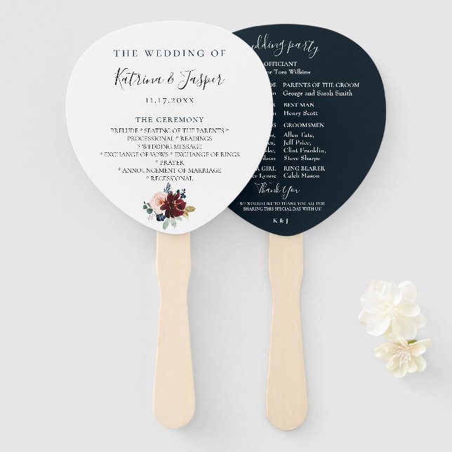 Burgundy Blush Navy Floral Wedding Program Hand Fan (Front and Back)