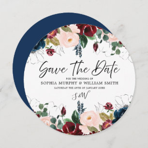 Burgundy Blush & Navy Floral Wedding Save The Date