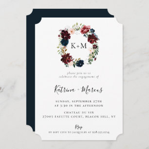 Burgundy Blush Navy Floral Wreath Engagement Invitation