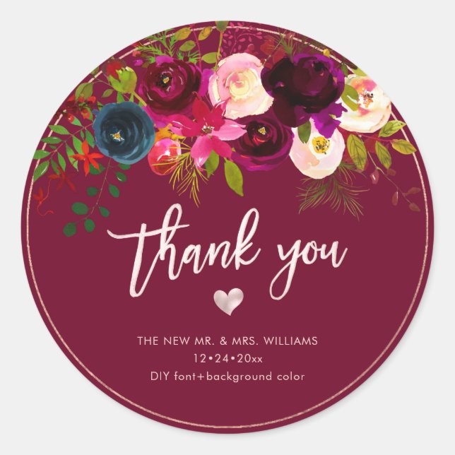 Burgundy Blush Navy Flowers|Thank You|DIY Bckgrnd Classic Round Sticker (Front)