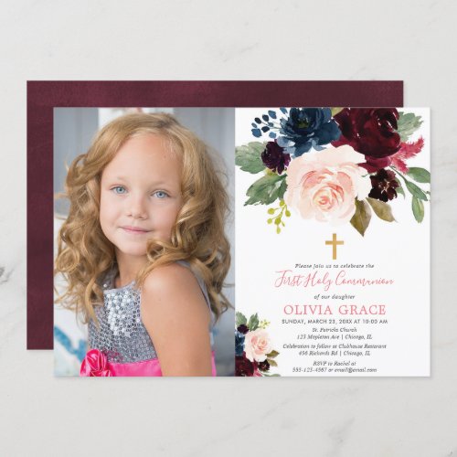 Burgundy blush navy girl first communion photo invitation