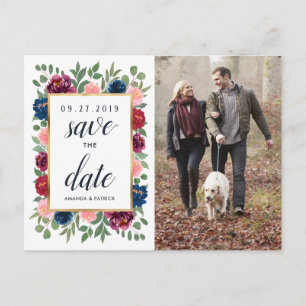 Burgundy Blush Navy Gold Wedding Save the Date Announcement Postcard