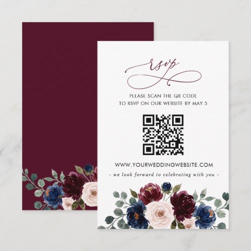 Burgundy Blush Navy Greenery Floral QR CODE RSVP Card