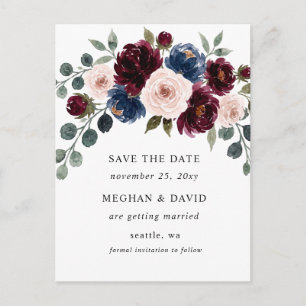 Burgundy Blush Navy Greenery Floral Save the Date Announcement Postcard
