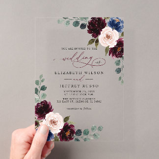 Burgundy Blush Navy Greenery Floral Wedding Acrylic Invitations