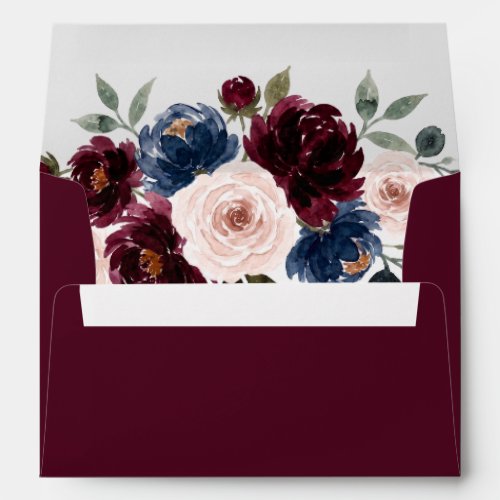 Burgundy Blush Navy Greenery Floral Wedding Envelope