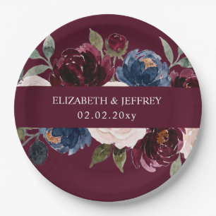 Burgundy Blush Navy Greenery Floral Wedding Paper Plates