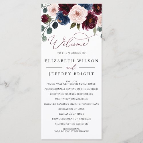 Burgundy Blush Navy Greenery Floral Wedding Program