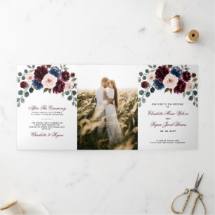 Burgundy Blush Navy Greenery Floral Wedding Tri-Fold Program