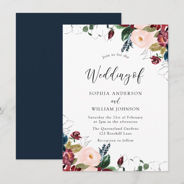 Burgundy Blush Navy Indigo Florals Wedding Invitation (Front/Back)