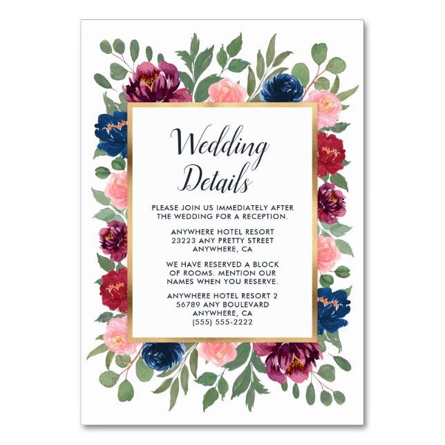 Burgundy Blush Navy Marsala Wedding Insert Cards (Front)