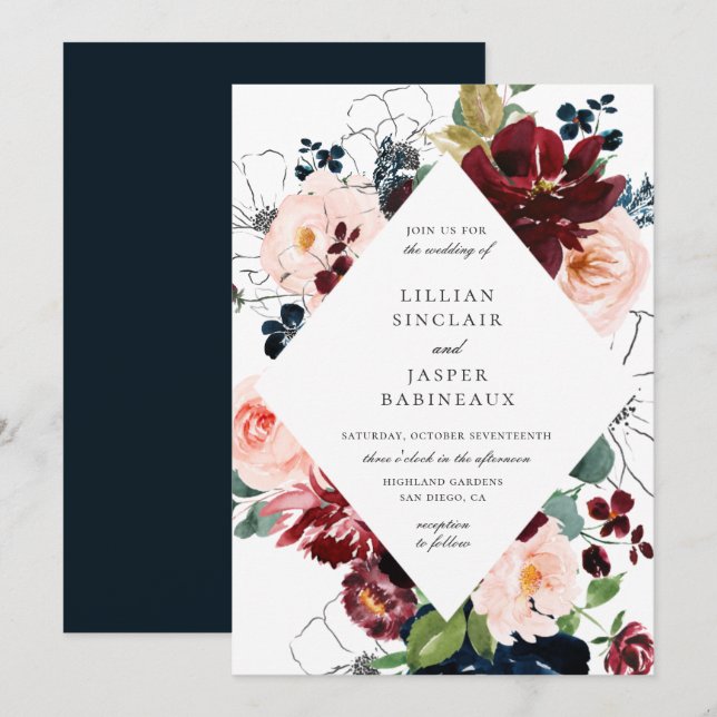 Burgundy Blush Navy Painted Floral Wedding Invitation (Front/Back)