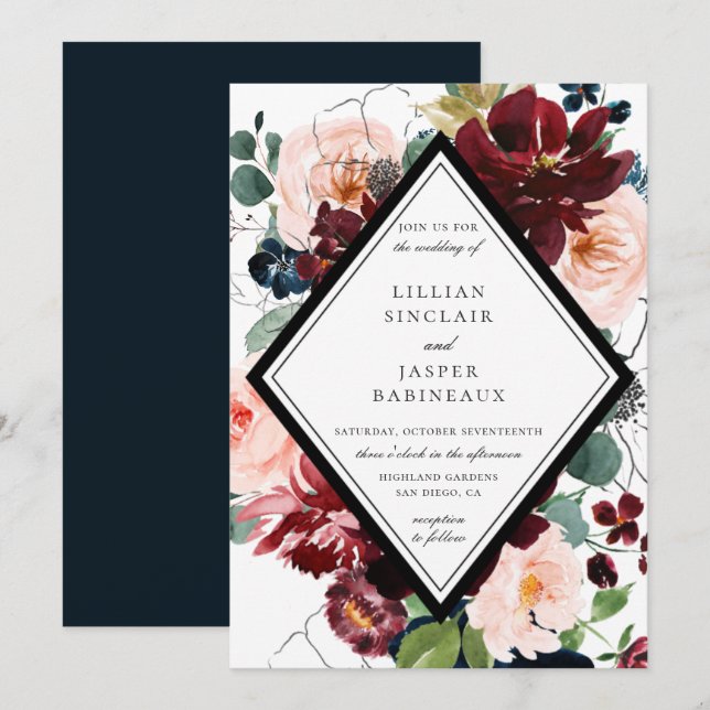 Burgundy Blush Navy Painted Floral Wedding Invitation (Front/Back)