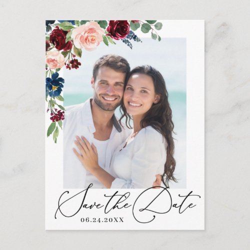 Burgundy Blush Navy PHOTO Wedding Save the Date Postcard