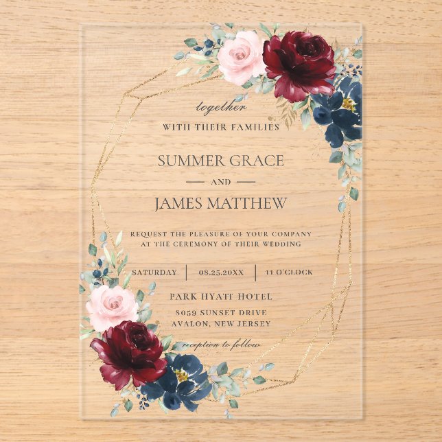 Burgundy Blush Navy Roses Floral Geometric Wedding Acrylic Invitations (Front)