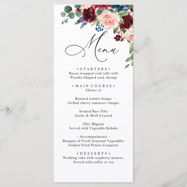 Burgundy Blush Navy Roses Wedding Dinner Menu (Front)