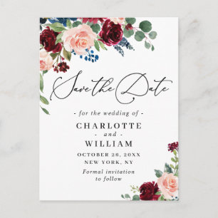Burgundy Blush Navy Roses Wedding Save the Date Postcard