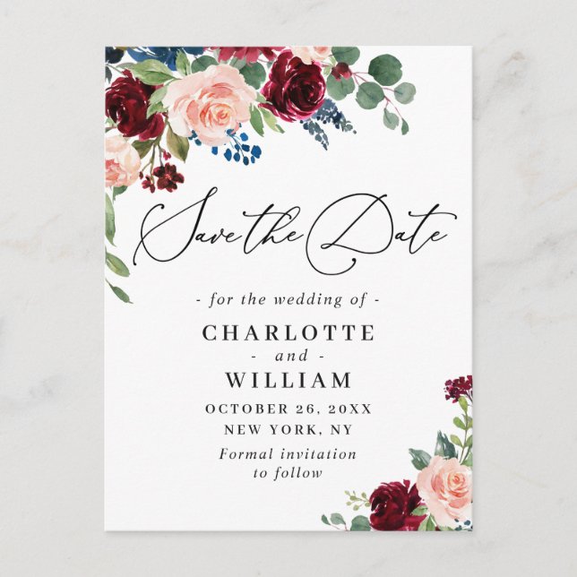 Burgundy Blush Navy Roses Wedding Save the Date Postcard (Front)