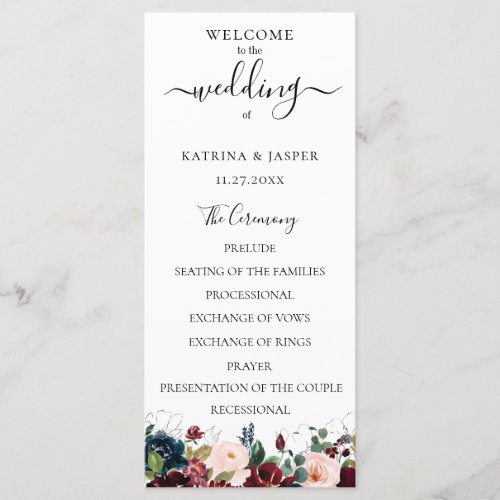 Burgundy Blush Navy Watercolor Floral Wedding Program