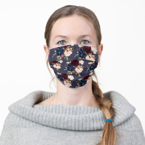 Burgundy Blush Navy Watercolor Flowers DIY bckgrnd Adult Cloth Face Mask