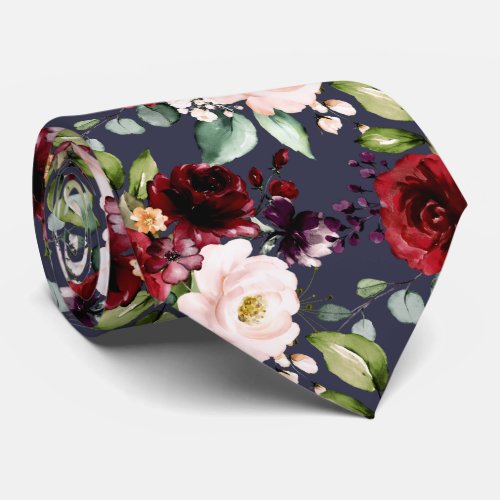 Burgundy Blush Navy Watercolor Flowers DIY bckgrnd Neck Tie