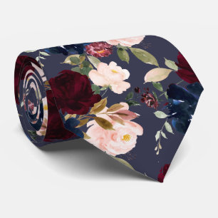 Burgundy Blush Navy Watercolor Flowers DIY bckgrnd Neck Tie