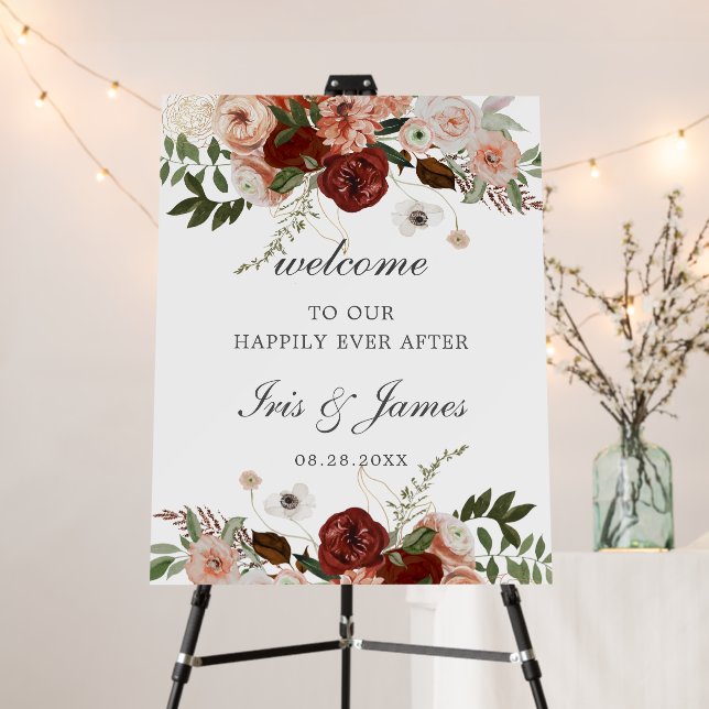 Burgundy Blush Orange Floral Wedding Welcome   Foam Board (In Situ (Stand))