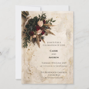 Burgundy Blush Pampas Bouquet Wedding Invitation