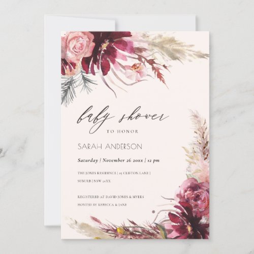 Burgundy Blush Pampas Grass Baby Shower Invite