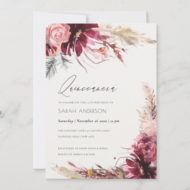 Burgundy Blush Pampas Grass Quinceanera Invite (Front)