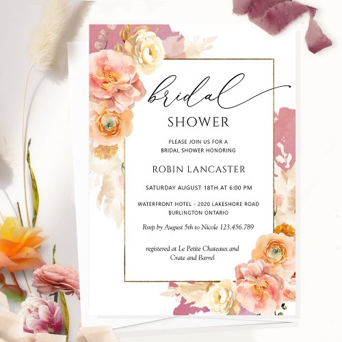 Burgundy Blush Peach Floral Bridal Shower Brunch Invitation