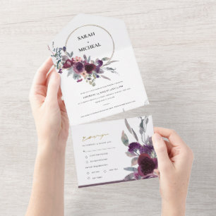 BURGUNDY BLUSH PEACH GREEN GREY FLORAL WREATH ALL IN ONE INVITATION