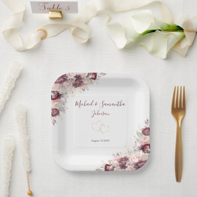 Burgundy Blush Peony and Roses Wedding Paper Plates (Wedding)