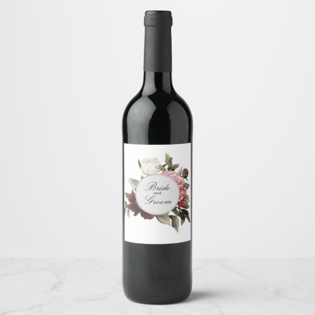 Burgundy & Blush Peony Bouquet Favor Bag  Wine Label (Front)