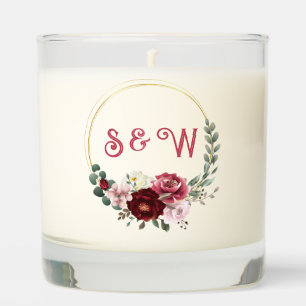 Burgundy & Blush Peony Floral Garland Monogram Scented Candle