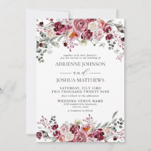 Burgundy & Blush Peony Roses Floral Wedding Invitation