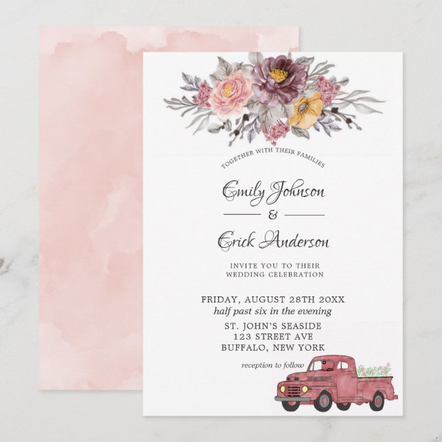 Burgundy Blush Peony Vintage Truck Wedding   Invitation (Front/Back)
