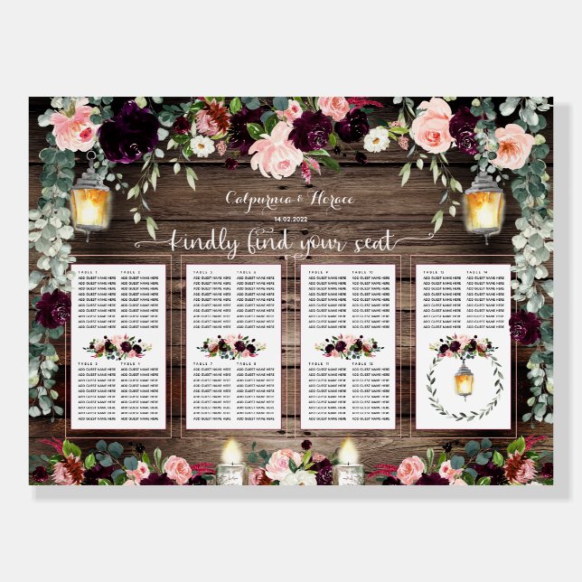 Burgundy Blush Pink 140 Guest Luxury Seating Chart Foam Board (Front)