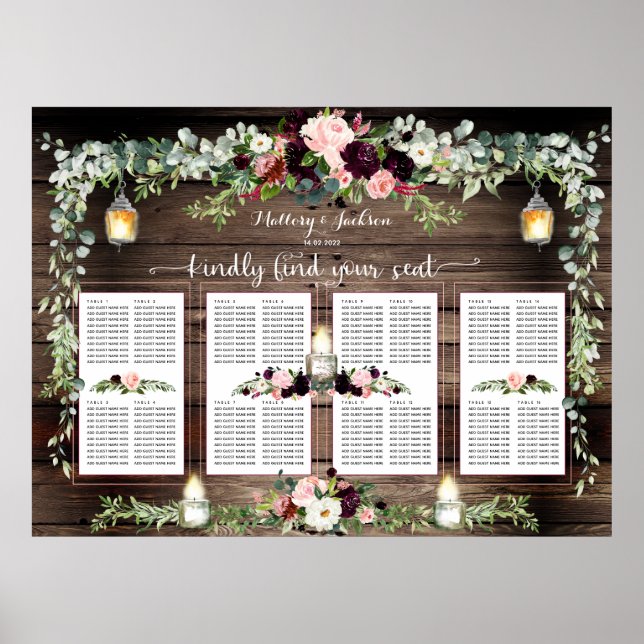 Burgundy Blush Pink 160 Guest Luxury Seating Chart (Front)