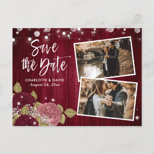 Burgundy Blush Pink 2 Photo Save The Date Announcement Postcard