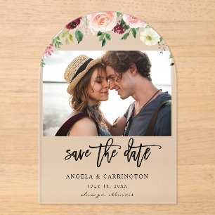 Burgundy & Blush Pink 4 Floral Photo Save The Date