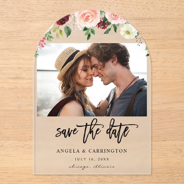 Burgundy & Blush Pink 4 Floral Photo Save The Date (Front)