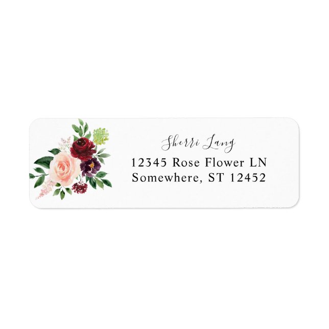 Burgundy & Blush Pink 4 Floral Return Address Label (Front)