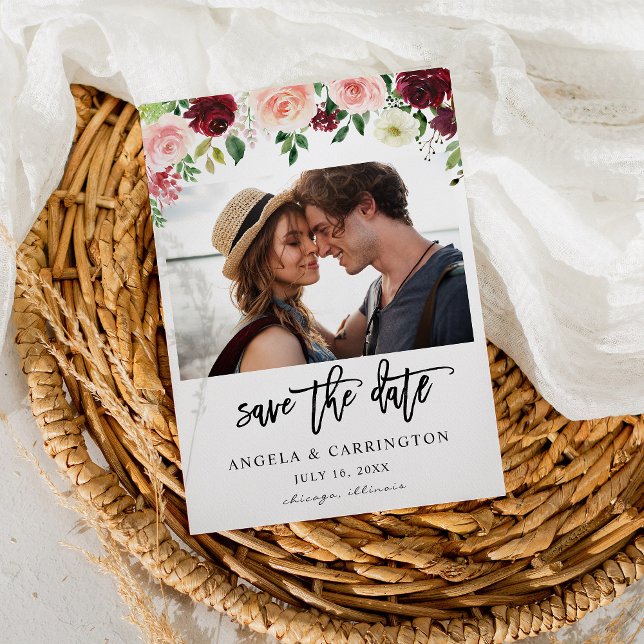 Burgundy & Blush Pink 4 Floral Save the Date Photo (Creator Uploaded)