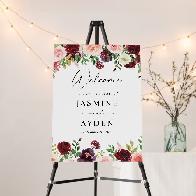 Burgundy & Blush Pink 4 Floral Welcome Foam Board (In Situ (Stand))