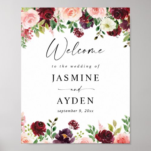 Burgundy  Blush Pink 4 Floral Welcome Sign