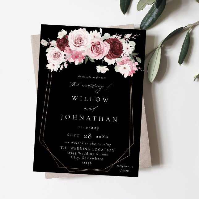 Burgundy & Blush Pink 6 Ele Floral Wedding - Black Invitation (Creator Uploaded)