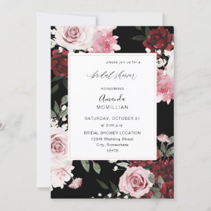 Burgundy & Blush Pink 6 Floral Bridal Shower Black Invitation