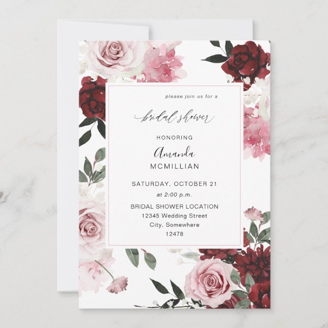 Burgundy & Blush Pink 6 Floral Bridal Shower Invitation (Front)